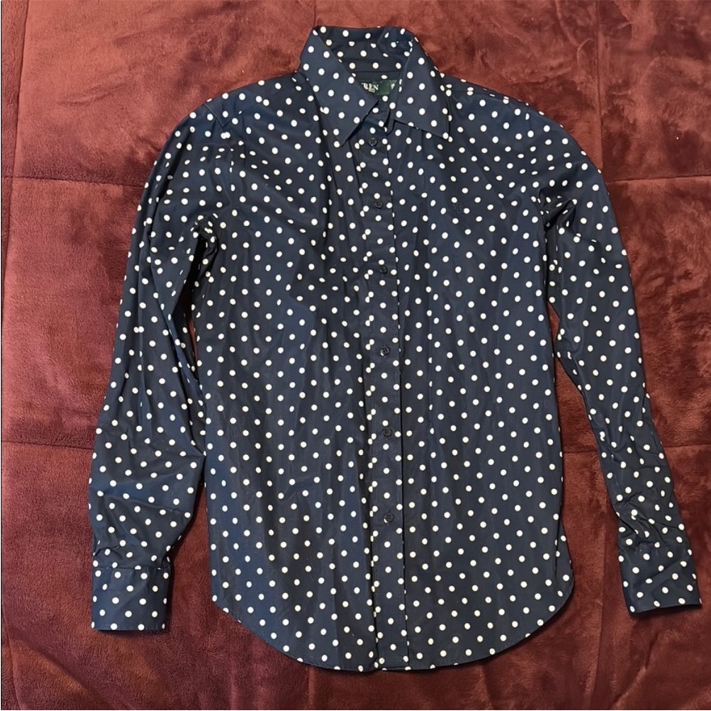 Ralph Lauren Dark Blue Polka Dot Non-Iron Shirt (XS)